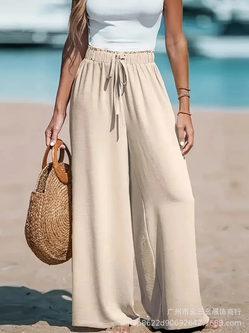Women's Wide-Leg Palazzo Pants with Tie Waist | Summer - Navy