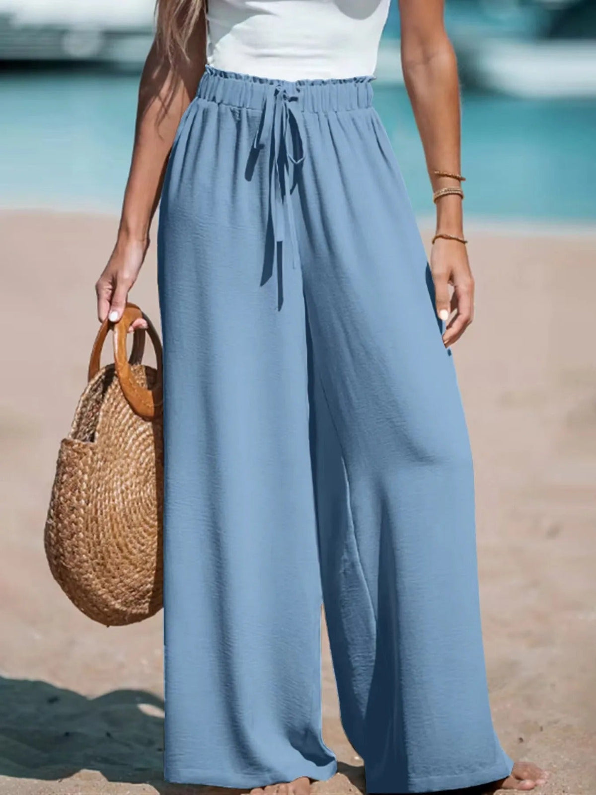 Women's Wide-Leg Palazzo Pants with Tie Waist | Summer - Olive