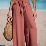 Women's Wide-Leg Palazzo Pants with Tie Waist | Summer - Rust