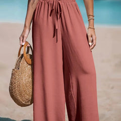 Women's Wide-Leg Palazzo Pants with Tie Waist | Summer - Rust