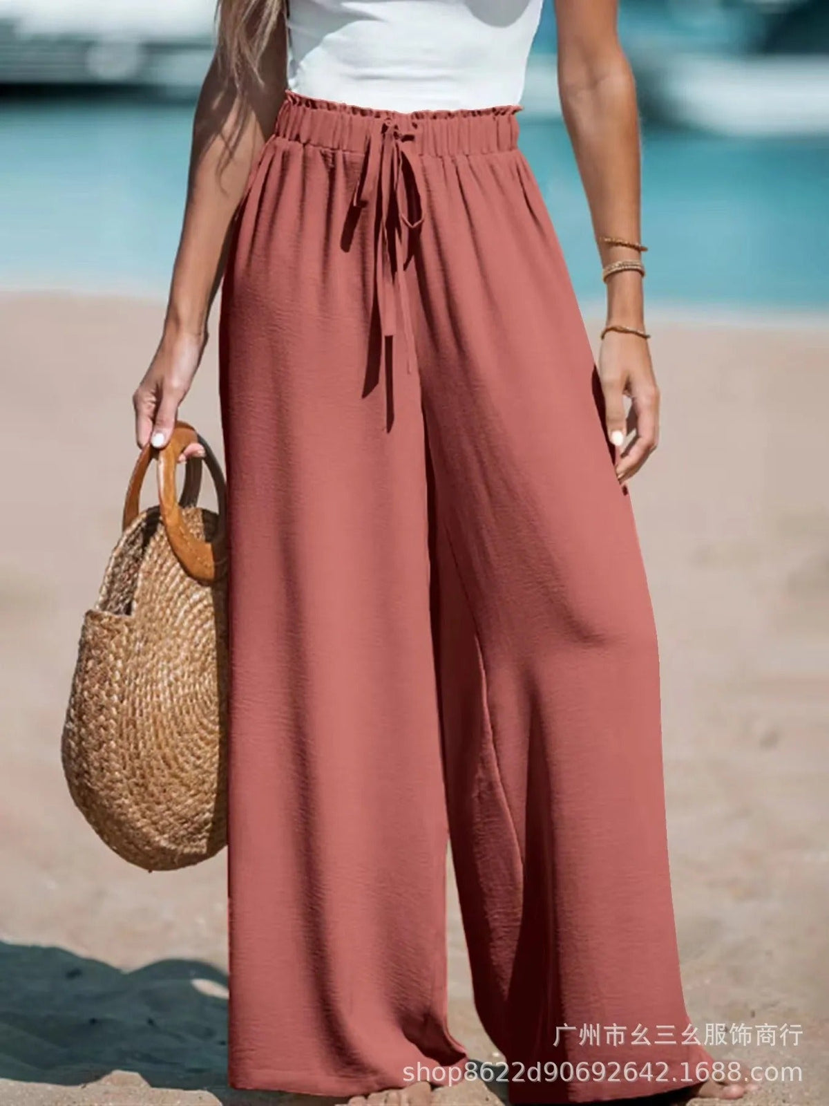 Women's Wide-Leg Palazzo Pants with Tie Waist | Summer - Rust