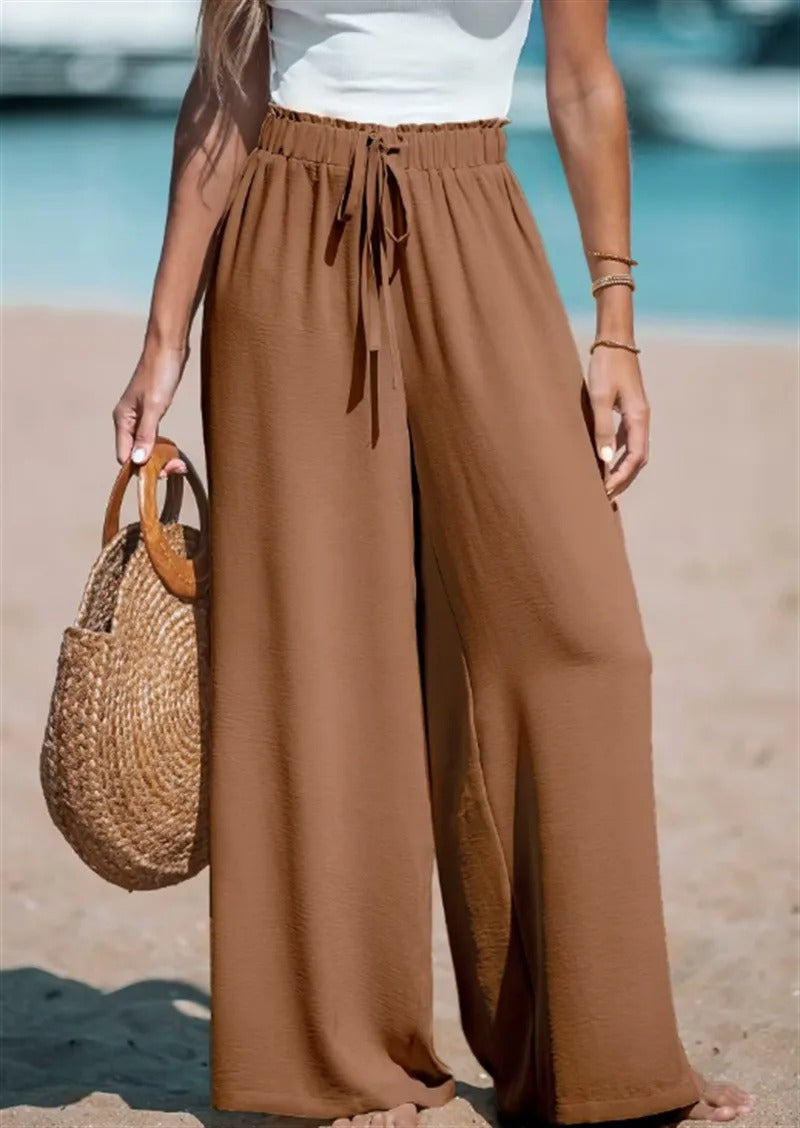 Women's Wide-Leg Palazzo Pants with Tie Waist | Summer - Tan