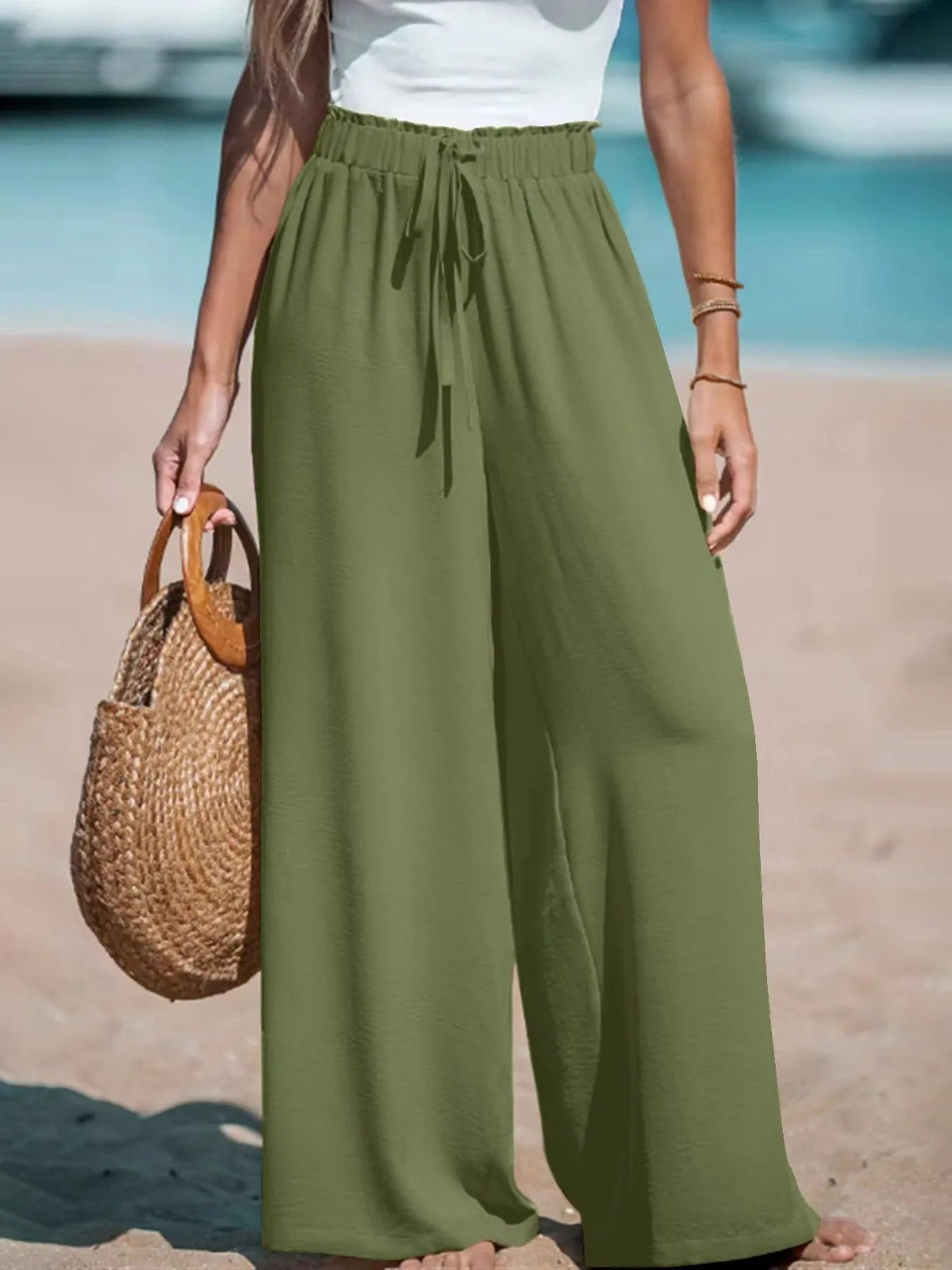 Women's Wide-Leg Palazzo Pants with Tie Waist | Summer - White