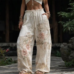 Women's Wide Leg Pants Floral Embroidered Drawstring | Summer - Beige