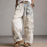 Women's Wide Leg Pants Floral Embroidered Drawstring | Summer - Gray