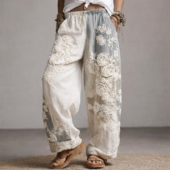 Women's Wide Leg Pants Floral Embroidered Drawstring | Summer - Gray