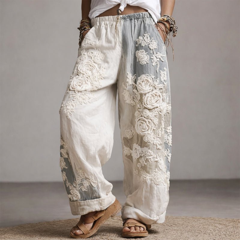 Women's Wide Leg Pants Floral Embroidered Drawstring | Summer - Gray