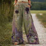 Women's Wide Leg Pants Floral Embroidered Drawstring | Summer - Green