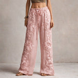 Women's Wide Leg Pants Floral Embroidered Drawstring | Summer - Pink