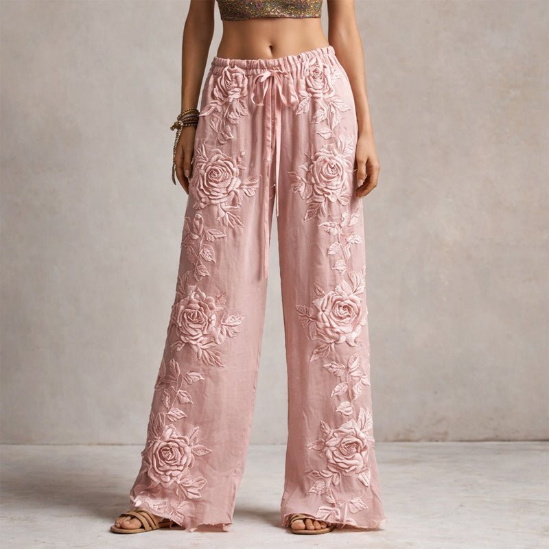 Women's Wide Leg Pants Floral Embroidered Drawstring | Summer - Pink