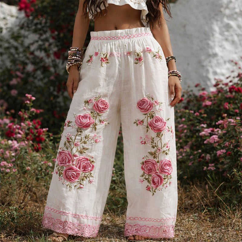Women's Wide Leg Pants Floral Embroidered Drawstring | Summer - White