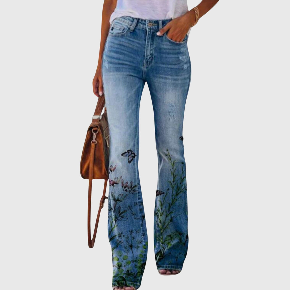 Women's Wide Leg Pants with Floral Print - Elegant Button Detail - Black