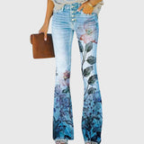 Women's Wide Leg Pants with Floral Print - Elegant Button Detail - Blue