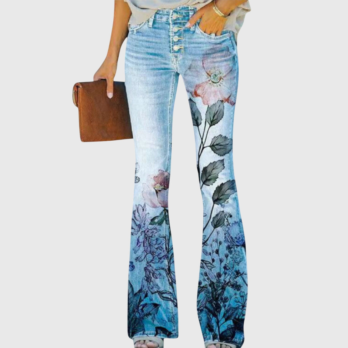 Women's Wide Leg Pants with Floral Print - Elegant Button Detail - Blue