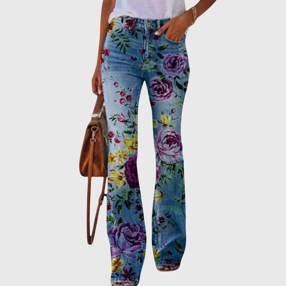 Women's Wide Leg Pants with Floral Print - Elegant Button Detail - Purple
