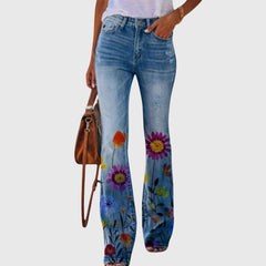 Women's Wide Leg Pants with Floral Print - Elegant Button Detail - Red
