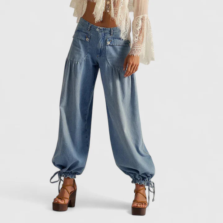 Women's Wide-Leg Pleated Pants - Bohemian Elegance | Spring - Light Blue