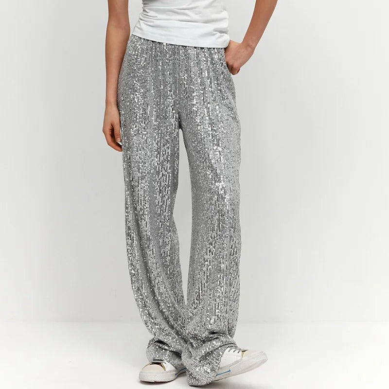 Women's Wide-Leg Sequin Pants | Glamorous Silver | Evening | Winter