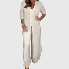 Women's Wide-Leg Two-Piece Set - Elegant Blouse & Pants | Spring - Beige