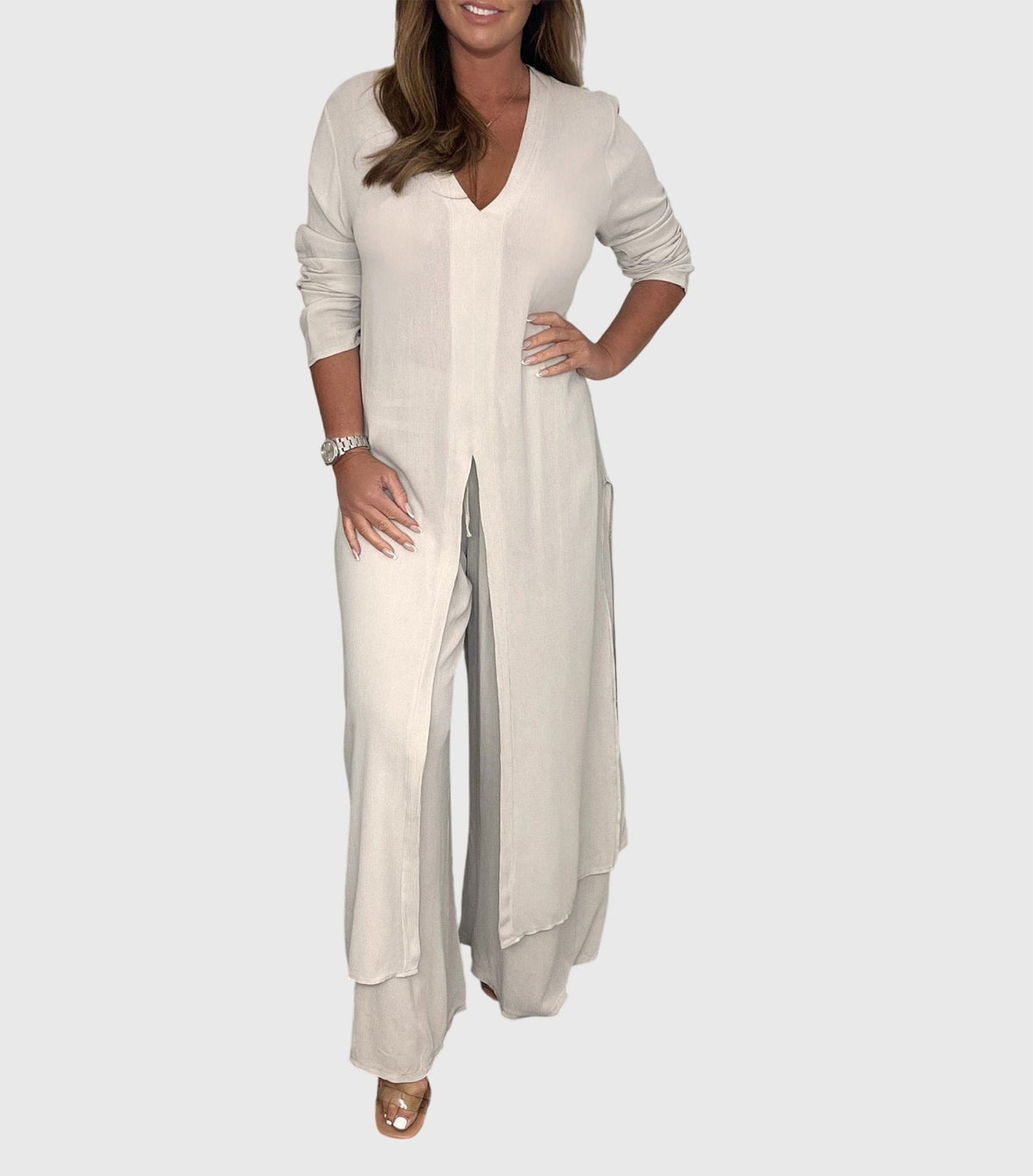 Women's Wide-Leg Two-Piece Set - Elegant Blouse & Pants | Spring - Beige