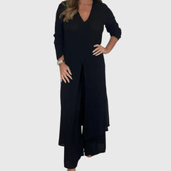 Women's Wide-Leg Two-Piece Set - Elegant Blouse & Pants | Spring - Black