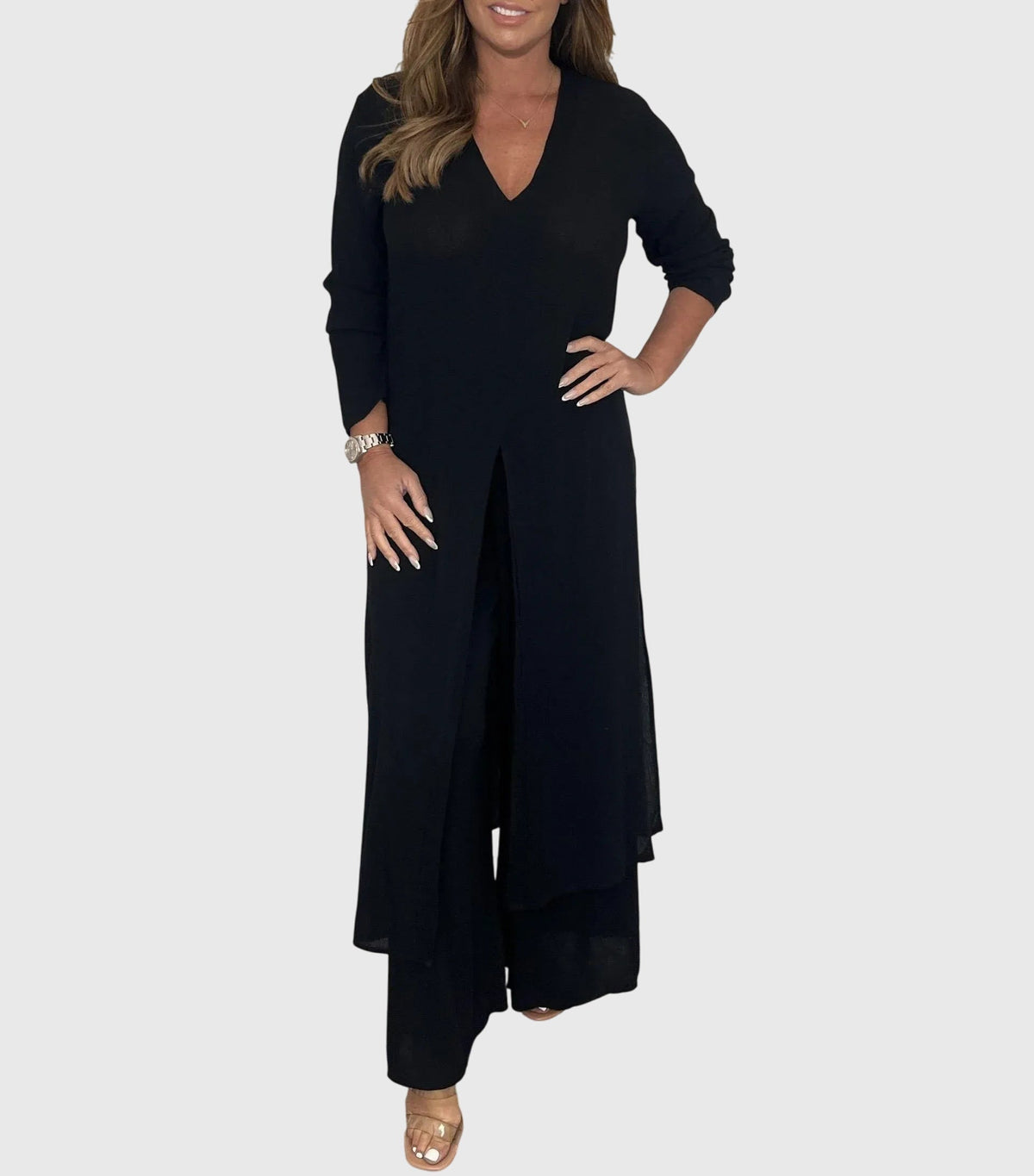 Women's Wide-Leg Two-Piece Set - Elegant Blouse & Pants | Spring - Black