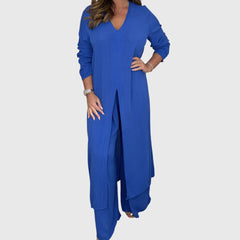 Women's Wide-Leg Two-Piece Set - Elegant Blouse & Pants | Spring - Blue