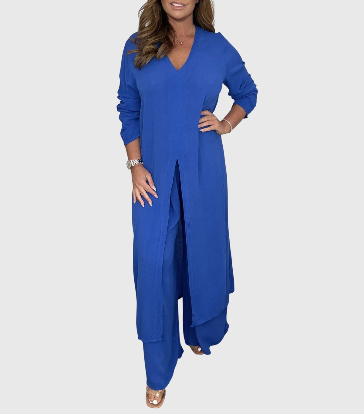 Women's Wide-Leg Two-Piece Set - Elegant Blouse & Pants | Spring - Blue