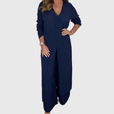 Women's Wide-Leg Two-Piece Set - Elegant Blouse & Pants | Spring - Navy
