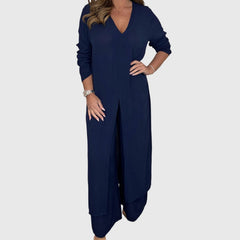 Women's Wide-Leg Two-Piece Set - Elegant Blouse & Pants | Spring - Navy