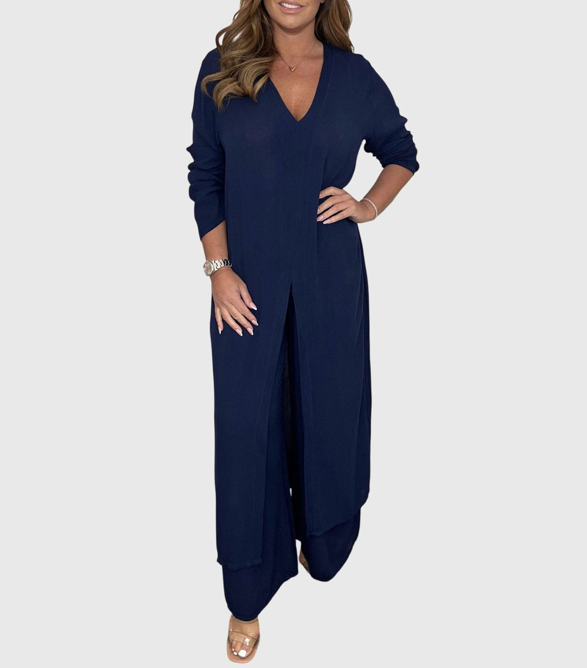 Women's Wide-Leg Two-Piece Set - Elegant Blouse & Pants | Spring - Navy