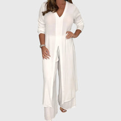 Women's Wide-Leg Two-Piece Set - Elegant Blouse & Pants | Spring - White