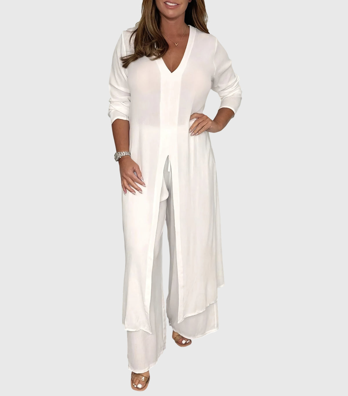 Women's Wide-Leg Two-Piece Set - Elegant Blouse & Pants | Spring - White
