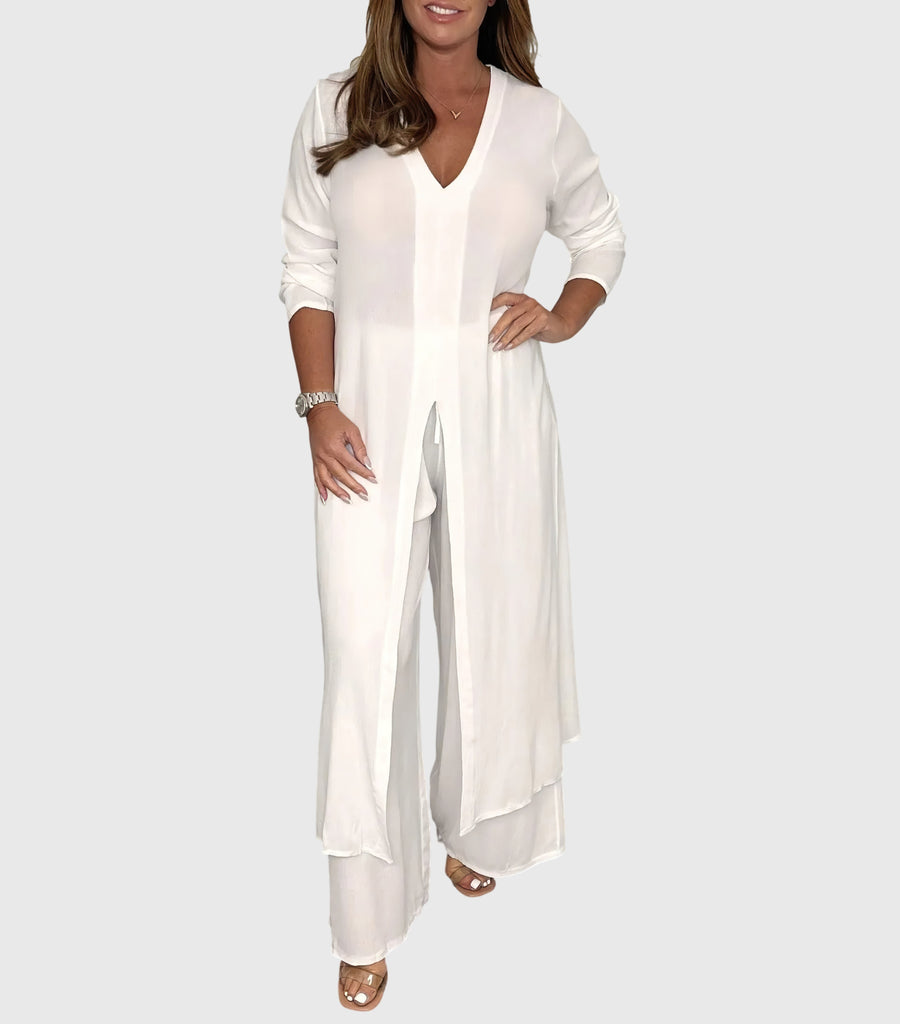 Women's Wide-Leg Two-Piece Set - Elegant Blouse & Pants | Spring - White