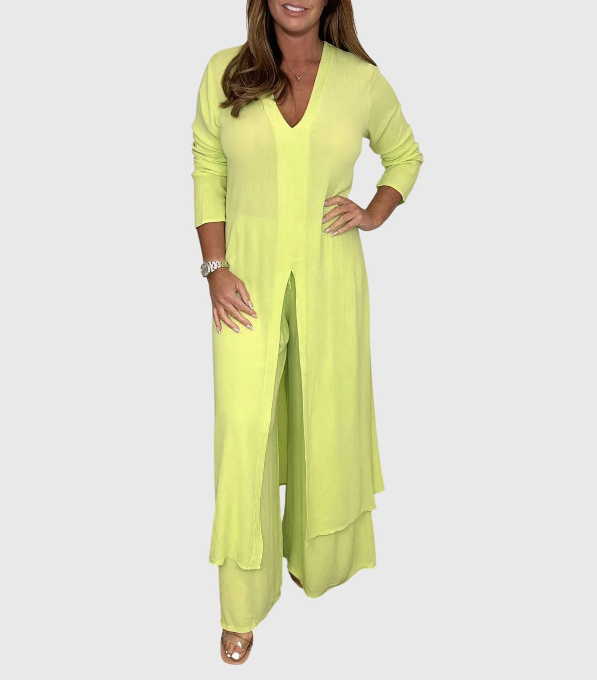 Women's Wide-Leg Two-Piece Set - Elegant Blouse & Pants | Spring - Yellow