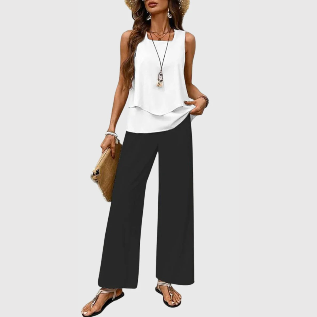 Women's Wide Leg Two-Piece Set - Relaxed Summer Style - Black