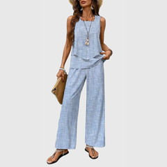 Women's Wide Leg Two-Piece Set - Relaxed Summer Style - Blue Stripe