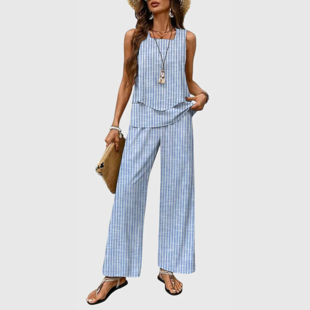 Women's Wide Leg Two-Piece Set - Relaxed Summer Style - Blue Stripe