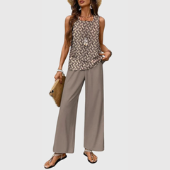 Women's Wide Leg Two-Piece Set - Relaxed Summer Style - Khaki