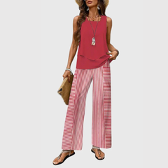 Women's Wide Leg Two-Piece Set - Relaxed Summer Style - Red