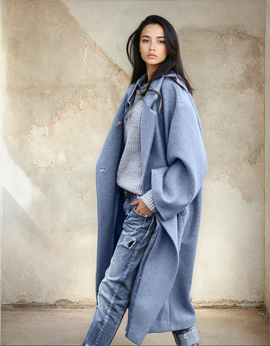 Women's Wool Blend Trenchcoat - Classic Winter Style - Blue