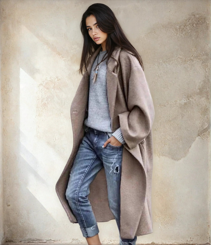 Women's Wool Blend Trenchcoat - Classic Winter Style - Khaki