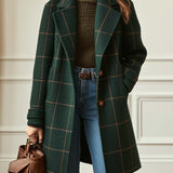 Women's Wool Check Coat with Lapel Collar - Tailored Tweed | Autumn - Dark Green