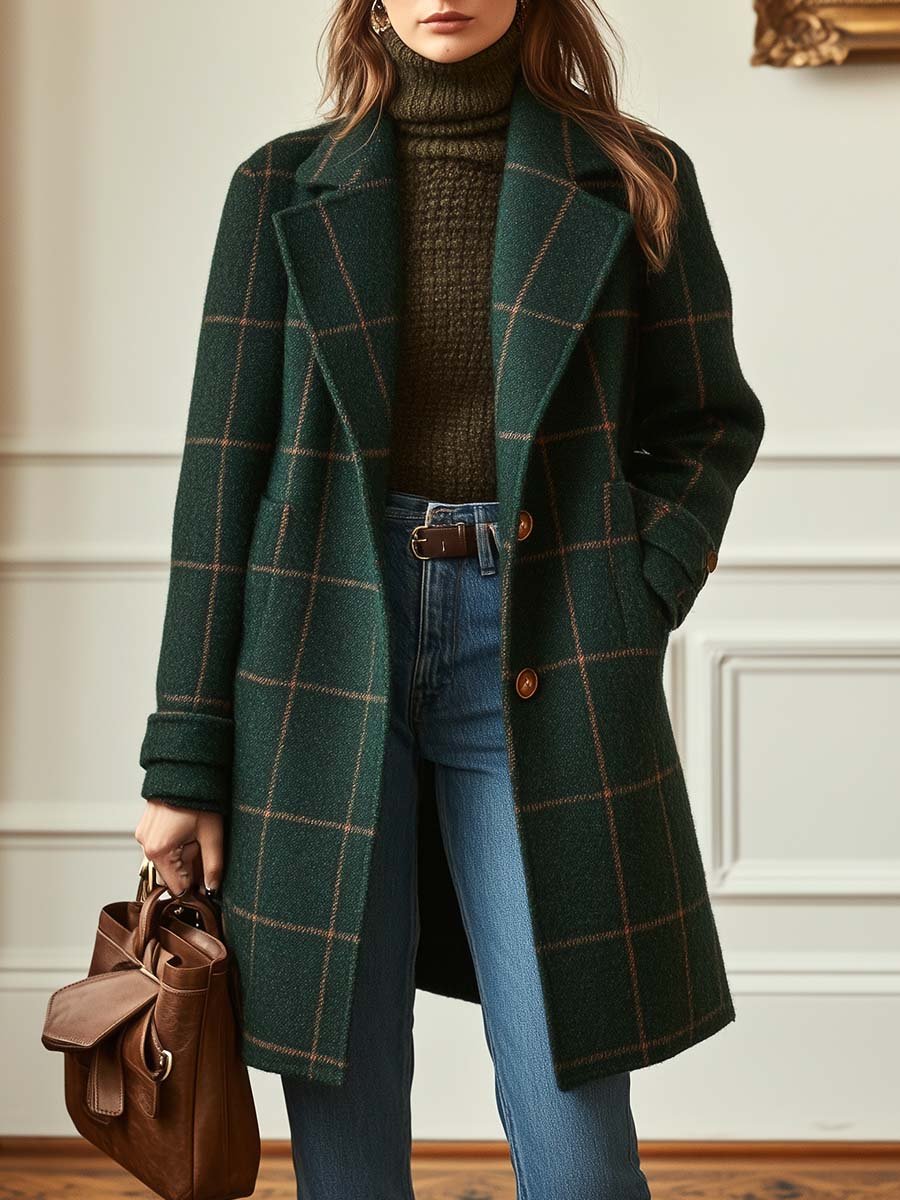 Women's Wool Check Coat with Lapel Collar - Tailored Tweed | Autumn - Dark Green