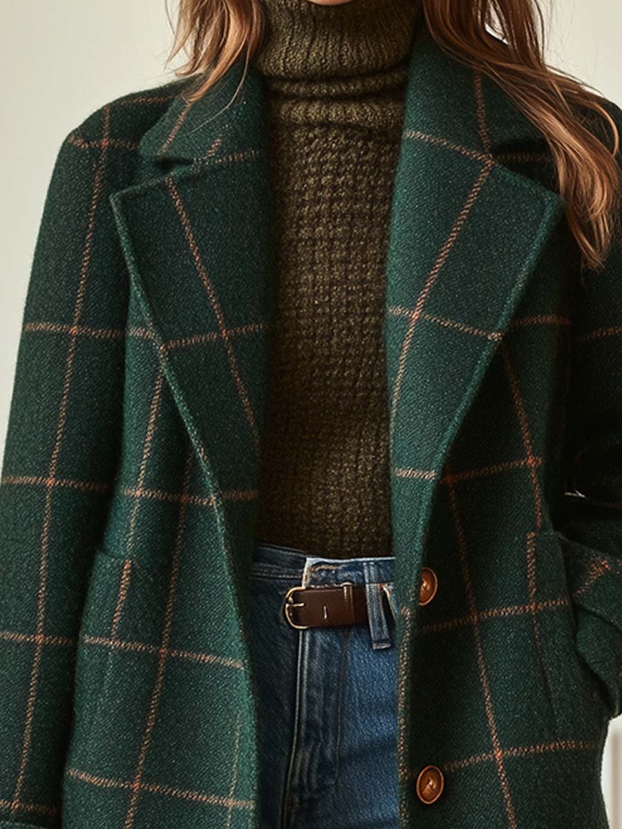 Women's Wool Check Coat with Lapel Collar - Tailored Tweed | Autumn