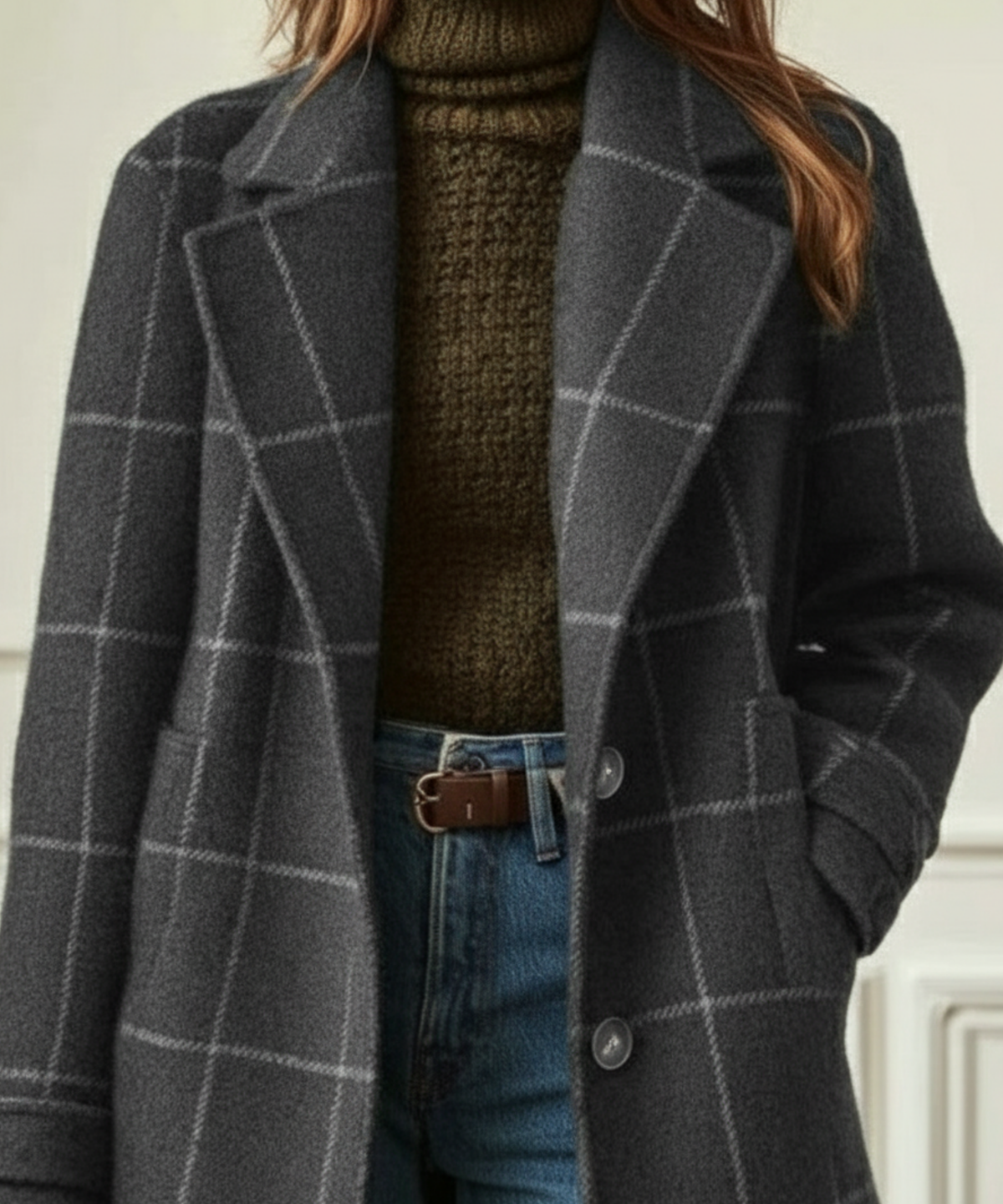 Women's Wool Check Coat with Lapel Collar - Tailored Tweed | Autumn