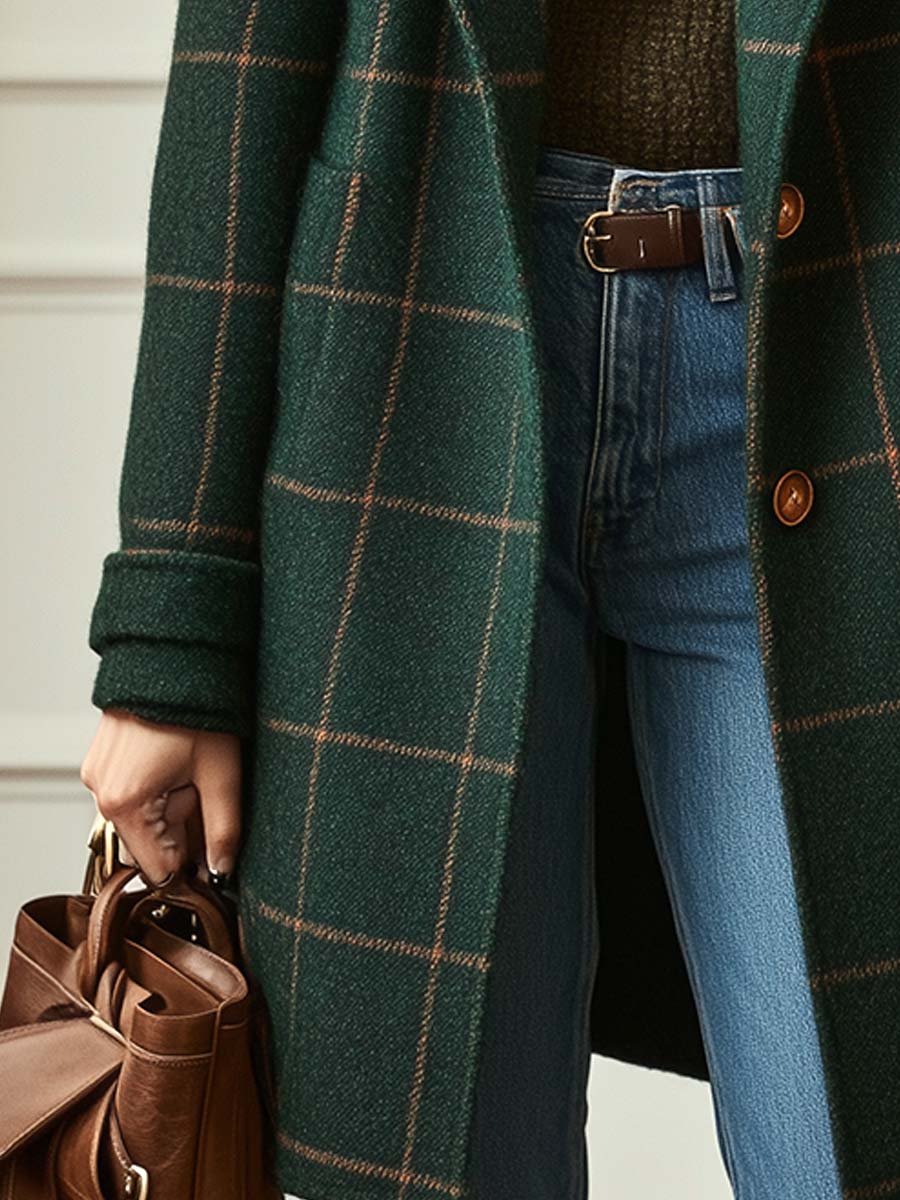 Women's Wool Check Coat with Lapel Collar - Tailored Tweed | Autumn