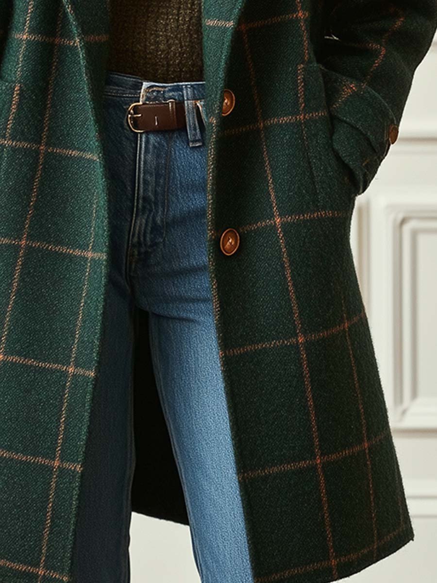Women's Wool Check Coat with Lapel Collar - Tailored Tweed | Autumn