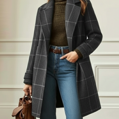Women's Wool Check Coat with Lapel Collar - Tailored Tweed | Autumn - Grey
