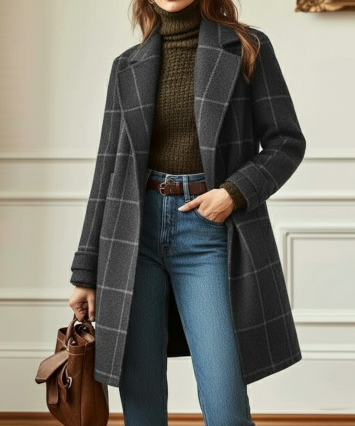 Women's Wool Check Coat with Lapel Collar - Tailored Tweed | Autumn - Grey